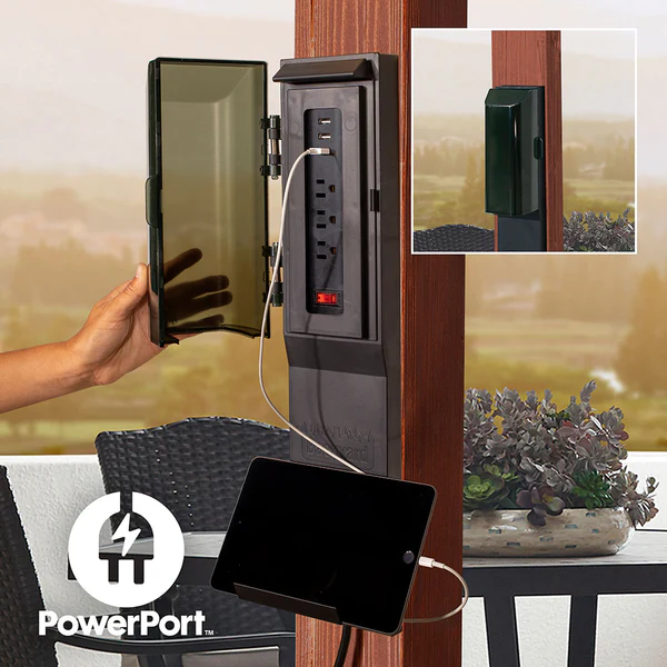 On select pergolas, enjoy the convenience of multiple power options as you relax under your pergola. Our Patented PowerPort™ includes 3 USB and 3 120V outlets to power all of your electronic needs.