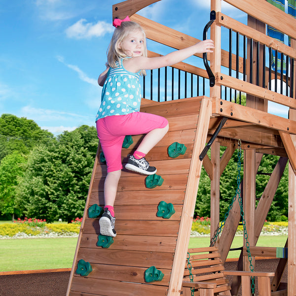 Our wooden swing sets offer a wide range of sizes, features, and styles that will turn any backyard into a playground.