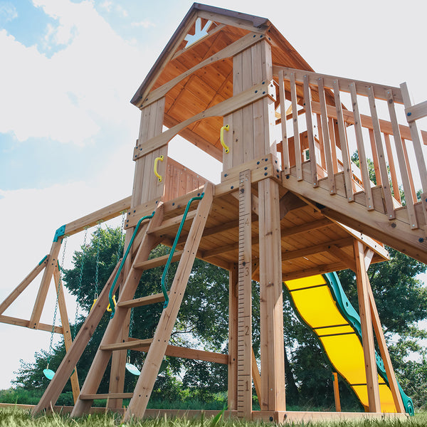 Our wooden swing sets offer a wide range of sizes, features, and styles that will turn any backyard into a playground.