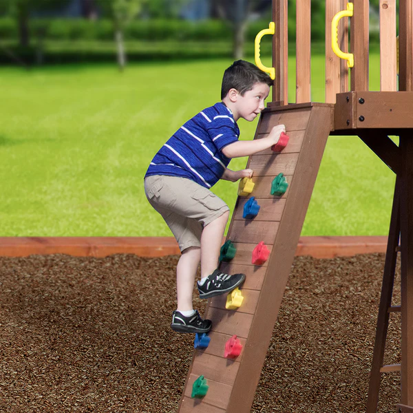 Our wooden swing sets offer a wide range of sizes, features, and styles that will turn any backyard into a playground.