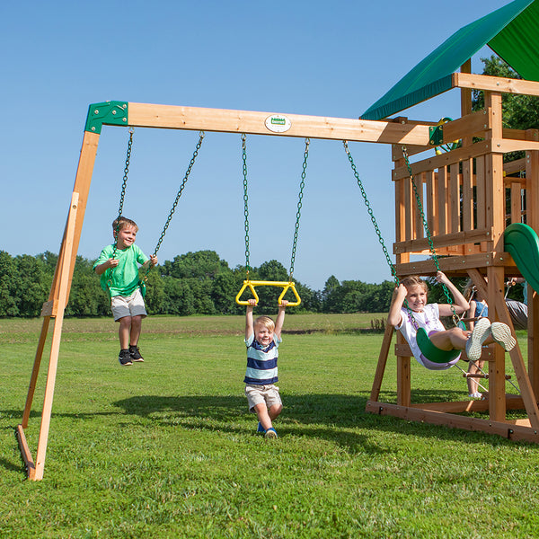 Double the fun with 2 belt swings and a trapeze so 3 kids can swing at once.