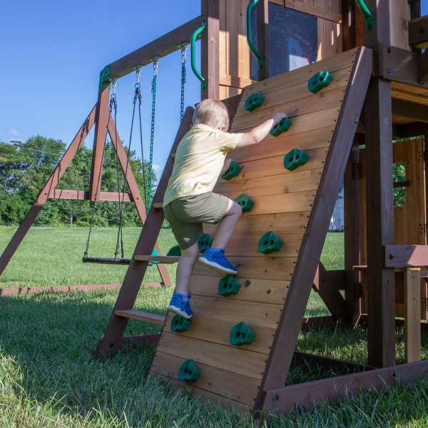 Our wooden swing sets offer a wide range of sizes, features, and styles that will turn any backyard into a playground.