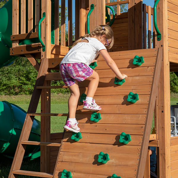 Our wooden swing sets offer a wide range of sizes, features, and styles that will turn any backyard into a playground.