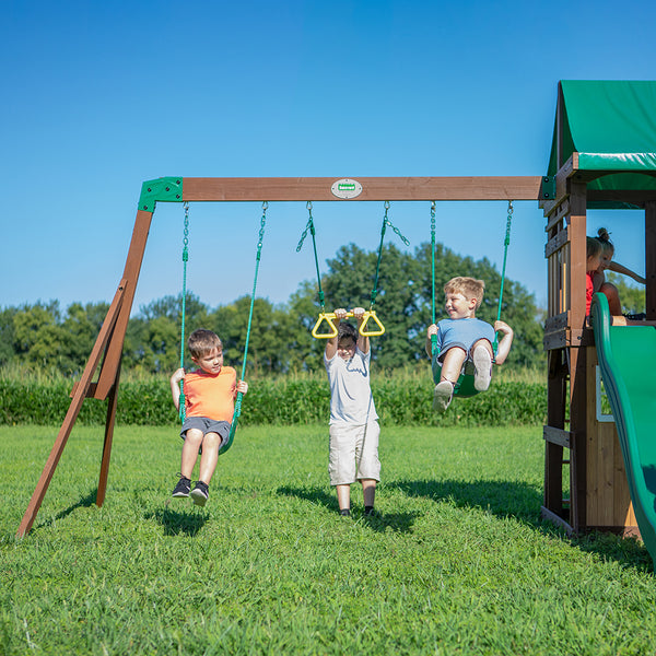 Provide hours of entertainment with 2 belt swings and an acrobat bar.