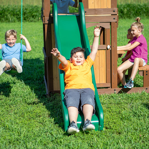 Our wooden swing sets offer a wide range of sizes, features, and styles that will turn any backyard into a playground.