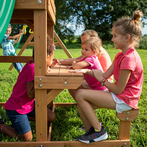 Provide hours of entertainment with a sandbox, activity table, acrobat bar, and covered clubhouse.