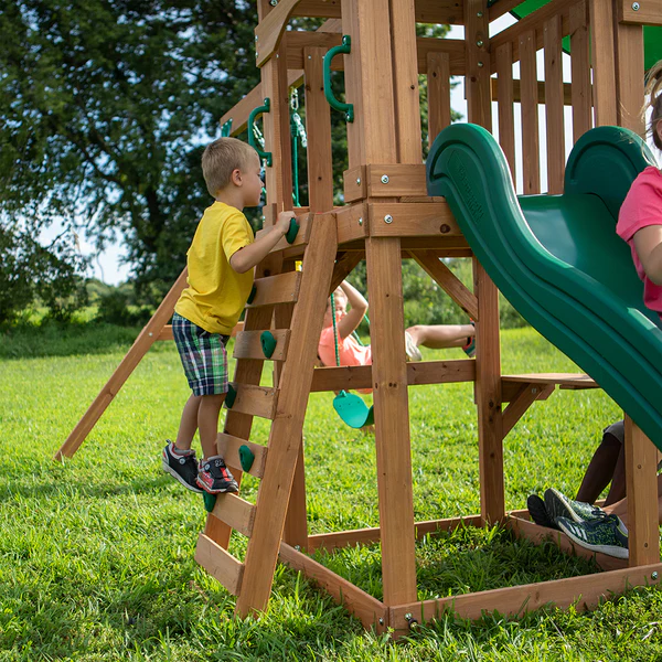 Our wooden swing sets offer a wide range of sizes, features, and styles that will turn any backyard into a playground.