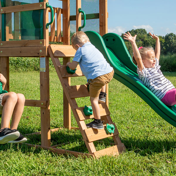 Our wooden swing sets offer a wide range of sizes, features, and styles that will turn any backyard into a playground.