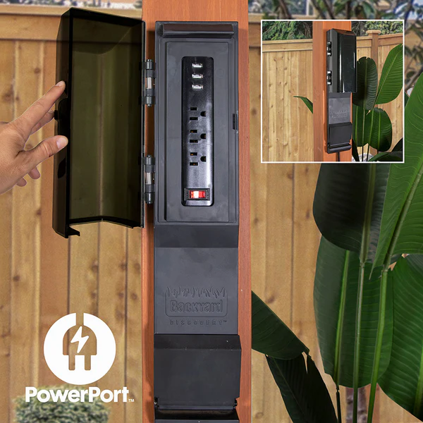 On select pergolas, enjoy the convenience of multiple power options as you relax under your pergola. Our Patented PowerPort™ includes 3 USB and 3 120V outlets to power all of your electronic needs.