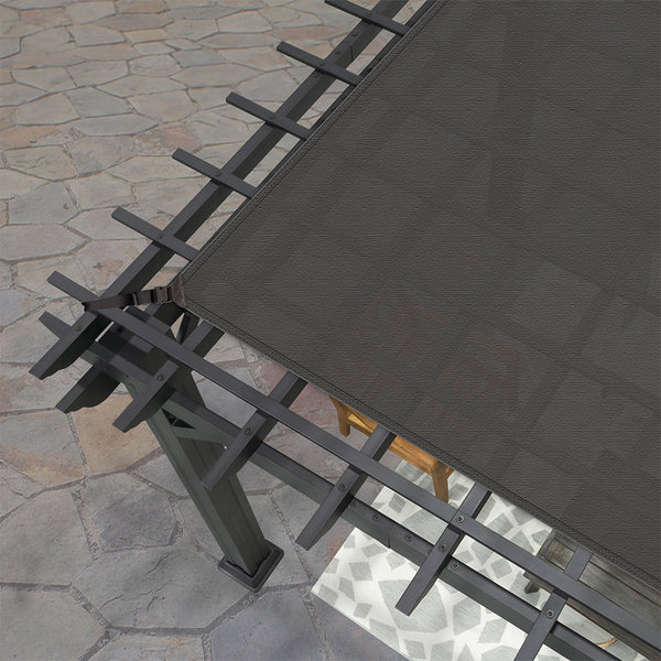 Integrated soft sail shade canopy. This UV-protected, breathable woven fabric allows air and water to flow through freely.