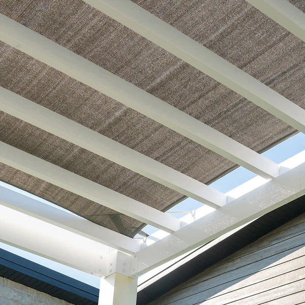 Integrated soft sail shade canopy. This UV-protected, breathable woven fabric allows air and water to flow through freely.