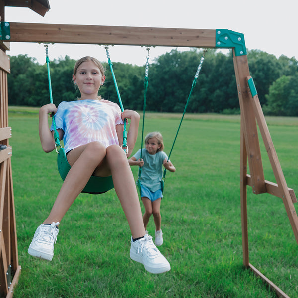 A perfect first swing set, it features a telescope for little astronomers, a speedy slide for racers, 2 belt swings, and a covered upper deck with plenty of room for imaginative play.