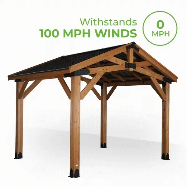 Our gazebos are tested to withstand wind up to 100 mph when anchored as directed. That means you can trust your gazebo will be safe and secure in hurricane-force winds.