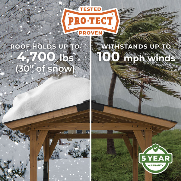 Solid engineering and industry leading strength make our gazebos durable and weatherproof. Tested to withstand up to 4,700 pounds or 30 inches of snow load and winds up to 100 mph when anchored as directed, your gazebo will last for years to come.