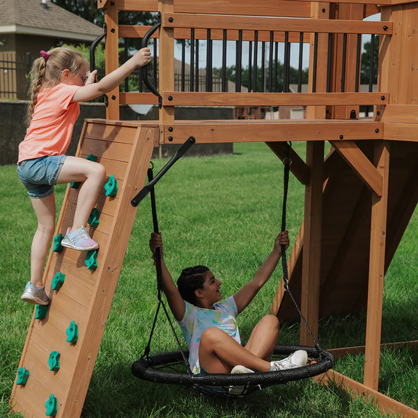 Double the fun with 2 belt swings, a trapeze so 3 kids can swing at once, and a 40" disc web swing.