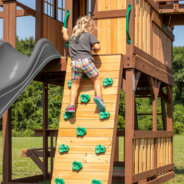 Our wooden swing sets offer a wide range of sizes, features, and styles that will turn any backyard into a playground.