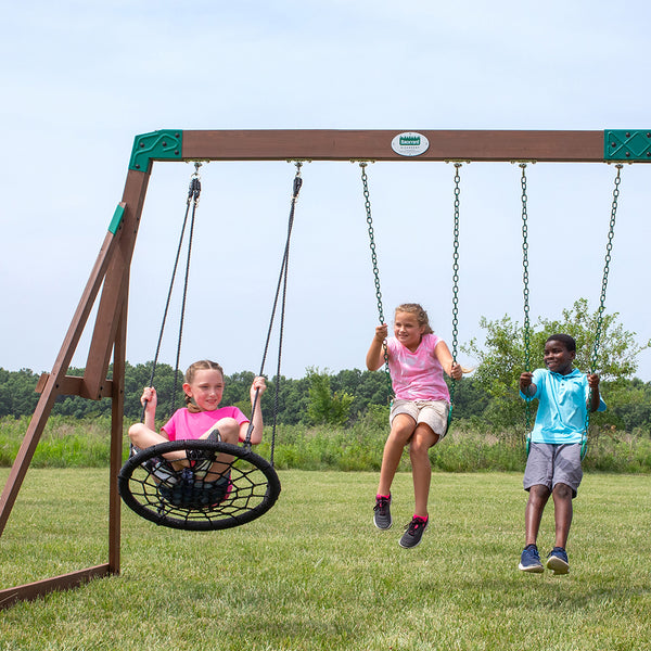 Our wooden swing sets offer a wide range of sizes, features, and styles that will turn any backyard into a playground.