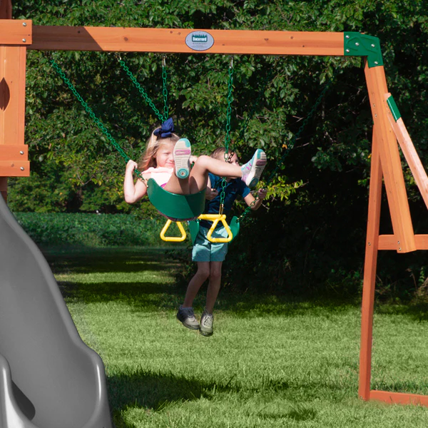 Double the fun with 2 belt swings and a trapeze so 3 kids can swing at once.