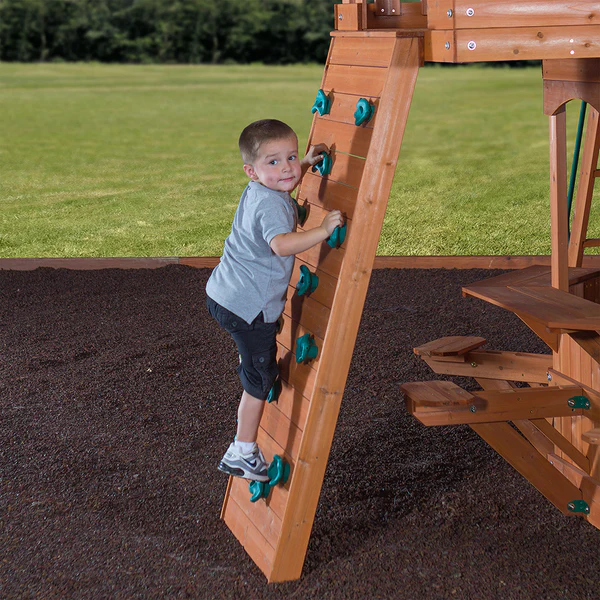 Our wooden swing sets offer a wide range of sizes, features, and styles that will turn any backyard into a playground.