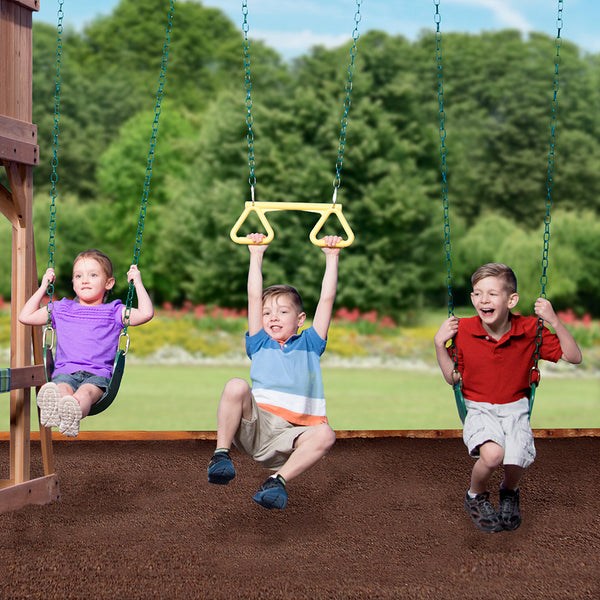 Double the fun with 2 belt swings and a trapeze so 3 kids can swing at once.