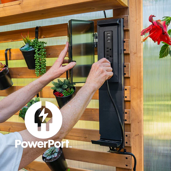 With cedar wood, a strong roof, our patented PowerPort™, and an array of useful features, this greenhouse combines the best materials with thoughtful design.