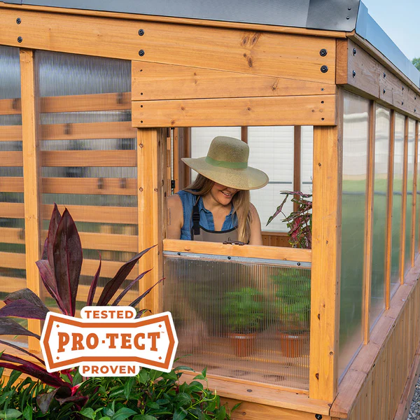 PRO-TECT™ Tested & Proven to withstand up to 5,700 lbs and 100 MPH winds, 10mm polycarbonate panels, and naturally rot-resistant cedar, they’re made to last.
