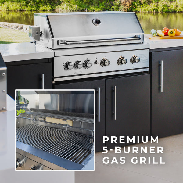 At the heart of your luxury outdoor kitchen, the premium 304 stainless steel grill is equipped with five burners, durable cooking grates, a convenient warming rack, and advanced even-heat dispersion technology, ensuring every meal is grilled with delicious flavor.