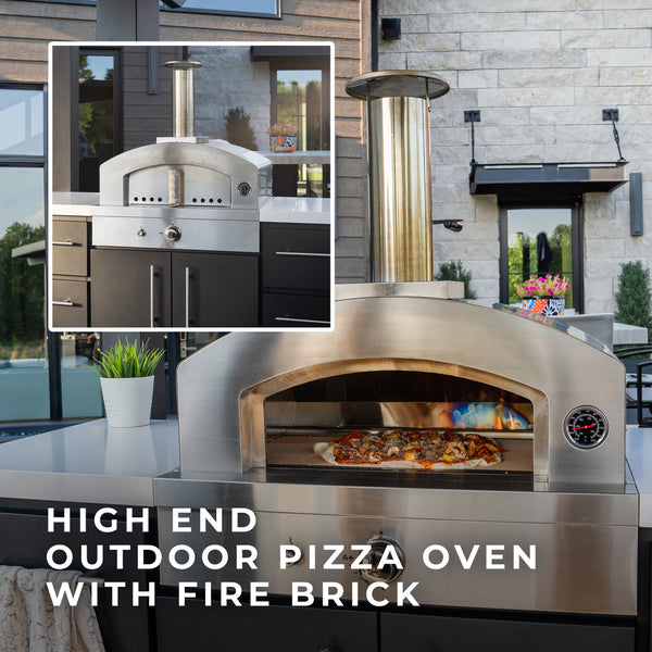 Savor authentic restaurant-quality pizzas right at home. This high-end pizza oven, crafted from top-grade 304 stainless steel, features dual fuel functionality for both propane and natural gas, while the fire brick hearth delivers perfectly cooked pizzas every time.