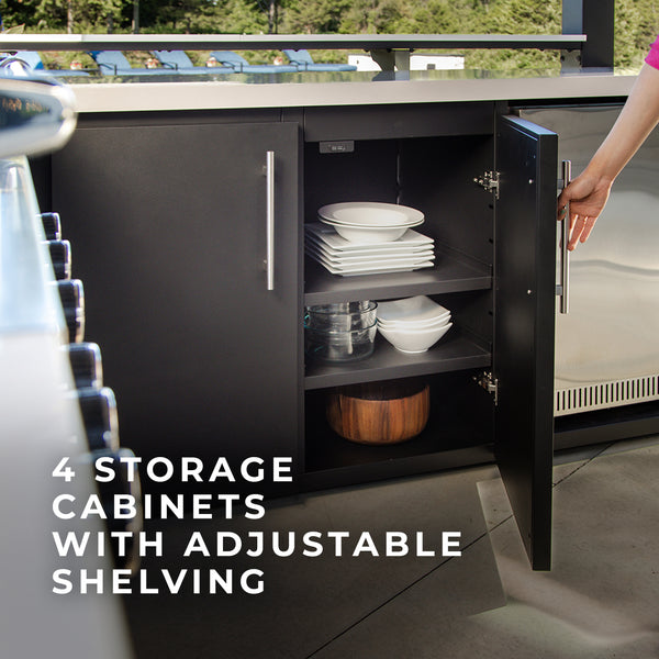 Constructed from corrosion-resistant galvanized steel, this storage system includes four spacious cabinets and five drawers, offering generous space for all your kitchen supplies. Designed to last, the soft-close hinges and drawer slides add a high-end feel and smooth functionality to your alfresco kitchen design.