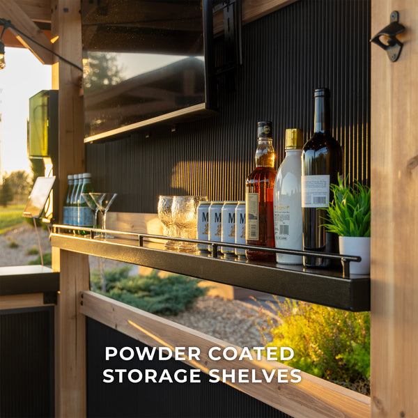 Designed to keep bar essentials organized and accessible, the powder-coated galvanized steel shelves ensure that glassware, bottles, and mixing supplies are within easy reach.