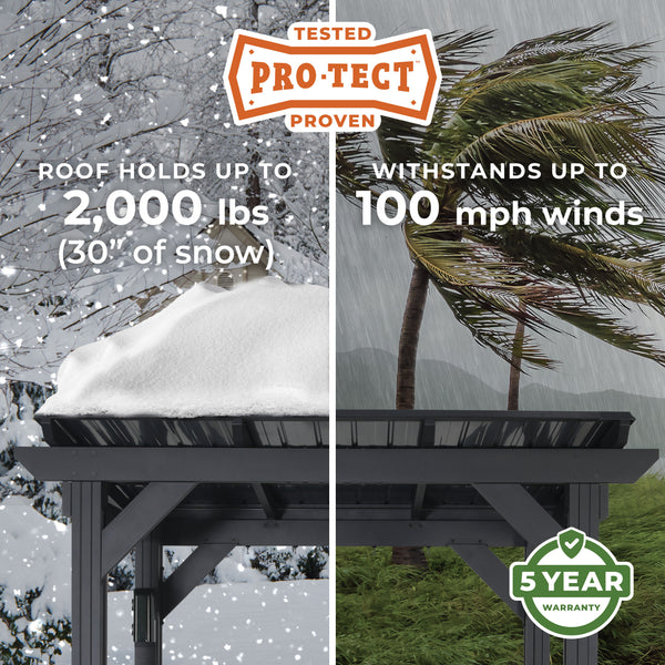 Solid engineering and industry leading strength make our gazebos durable and weatherproof. Tested to withstand up to 2,000 pounds or 30 inches of snow load and winds up to 100 mph when anchored as directed, your gazebo will last for years to come.