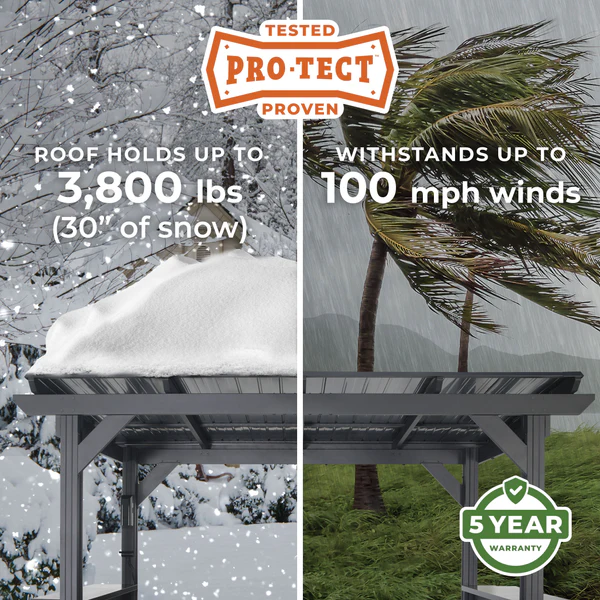Solid engineering and industry leading strength make our gazebos durable and weatherproof. Tested to withstand up to 3,800 pounds or 30 inches of snow load and winds up to 100 mph when anchored as directed, your gazebo will last for years to come.