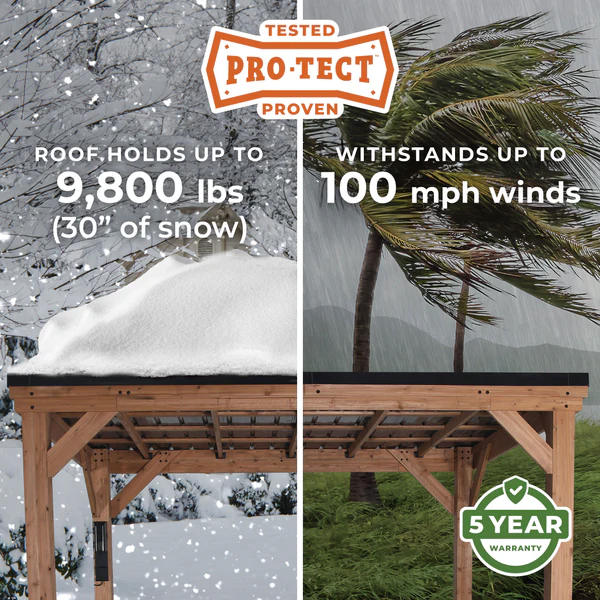 Solid engineering and industry leading strength make our gazebos durable and weatherproof. Tested to withstand up to 9,800 pounds or 24 inches of snow load and winds up to 100 mph when anchored as directed, your gazebo will last for years to come.
