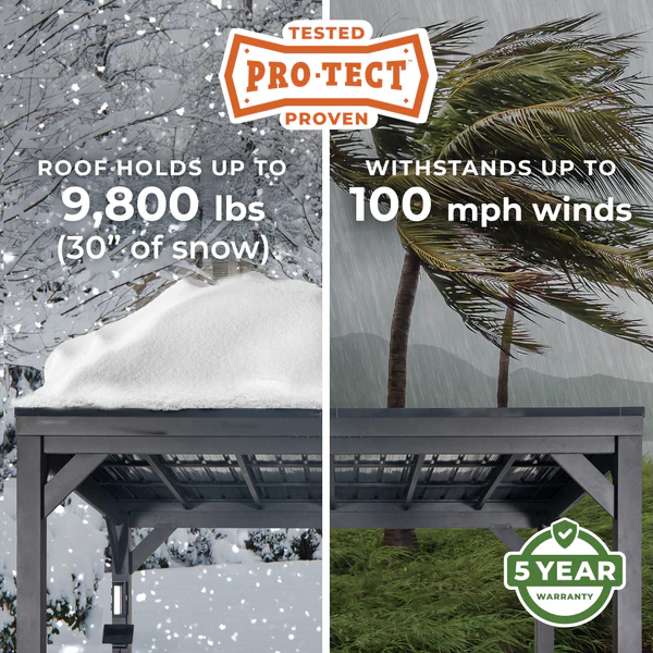 Our metal gazebos are engineered with heavy duty 100% galvanized steel, making them capable of withstanding up to 9,800 pounds of snow and winds up to 100 mph, when anchored as directed.