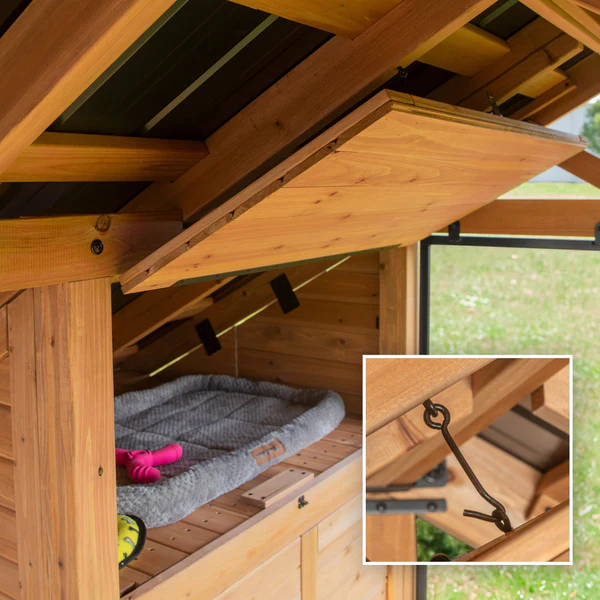 This cozy dog kennel features a convenient storage compartment with a secure latch to easily store toys, bedding, treats, and supplies right where you need them.