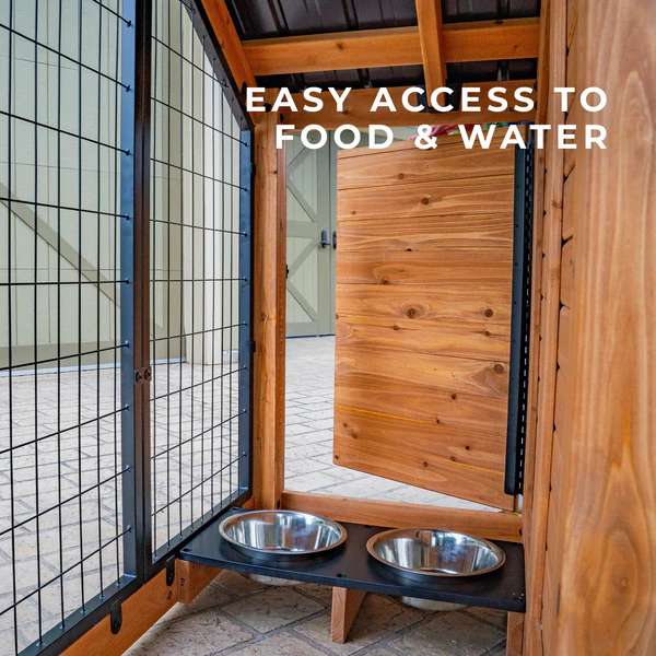 The convenient feeding door provides direct access to your pet’s bowls, making refills effortless. Easily add water and food from outside for practical and hassle-free pet care.