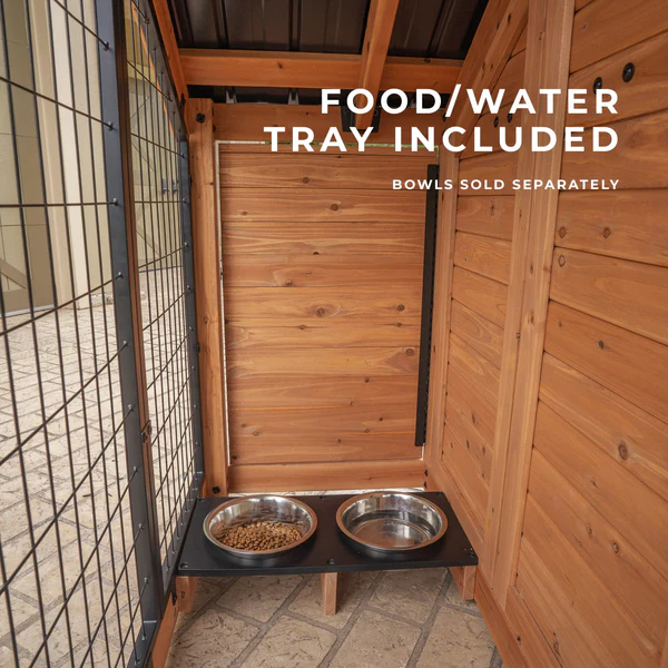 Tucked away yet easily accessible, the included tray fits two 9-inch bowls ensuring your furry friends have a dedicated space for food and water.