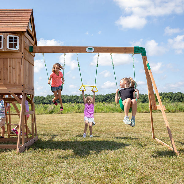 Double the fun with 2 belt swings and a trapeze so 3 kids can swing at once.