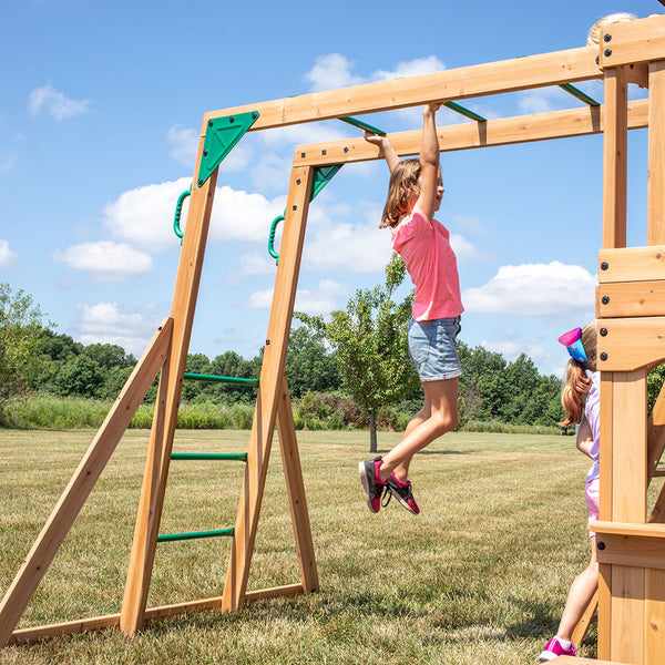 Our wooden swing sets offer a wide range of sizes, features, and styles that will turn any backyard into a playground.