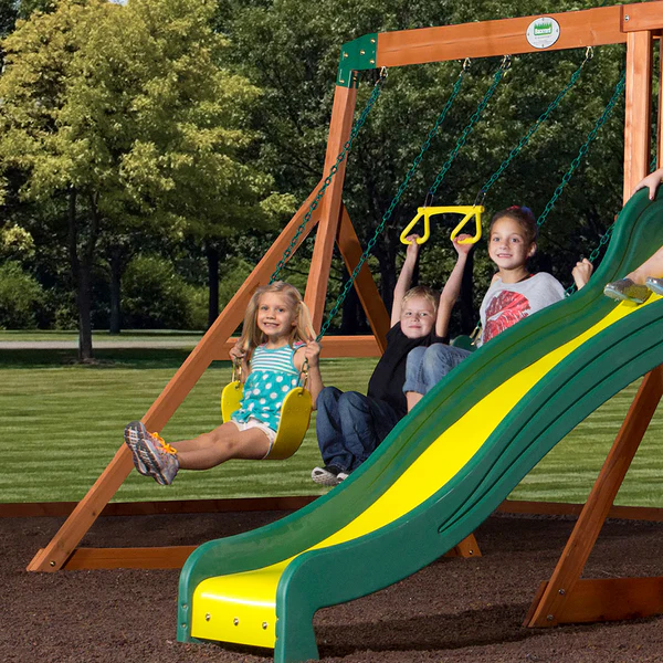 Double the fun with 2 belt swings and a trapeze so 3 kids can swing at once.