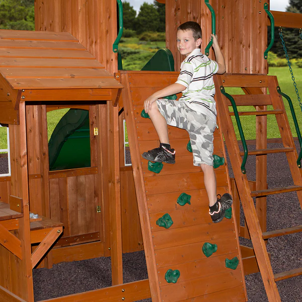 Our wooden swing sets offer a wide range of sizes, features, and styles that will turn any backyard into a playground.
