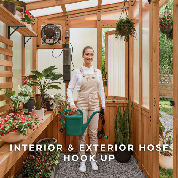Designed to simplify your gardening routine, the built-in interior/exterior hose hookups and the included hose make it easy to water your garden for effortless plant care.