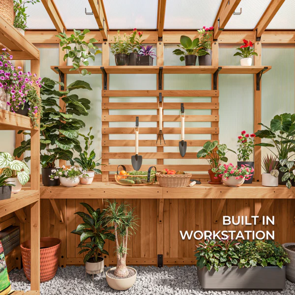 With 26 linear feet of fixed lower and upper staging shelves, this wooden greenhouse offers plenty of space to grow your favorite flowers and veggies. Plus, a spacious 4-tiered staging rack provides storage for all your gardening supplies, from flowerpots and planters to soil and watering cans.