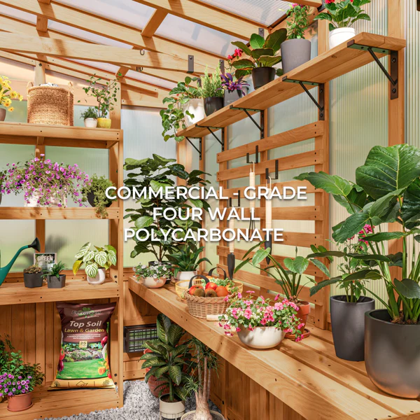 Commercial-grade 4-wall polycarbonate panels combined with natural cedar wood help maintain ideal conditions for year-round healthy plant growth. The polycarbonate provides exceptional heat retention and optimal sunlight transmission, while cedar resists decay for lasting durability.