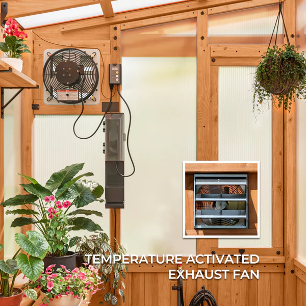 The integrated temperature-activated exhaust fan and easy-open window work together to create a thriving environment by managing moisture levels, promoting pollination, and enhancing air circulation.