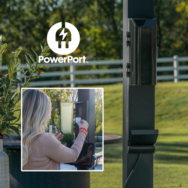 Power your backyard pergola with our convenient PowerPort™, featuring three USB ports and three 120V outlets. Easily connect devices, lighting, music, and more for seamless outdoor living.