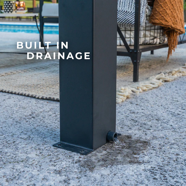 Water is channeled through an integrated guttering system into downspouts in leg posts to avoid water collecting on the roof.