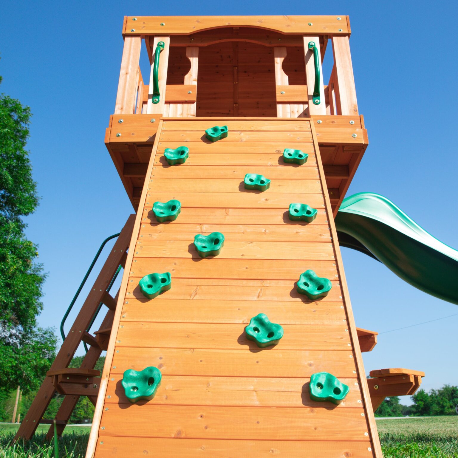 Woodland Swing Set Green Slide Rock Wall