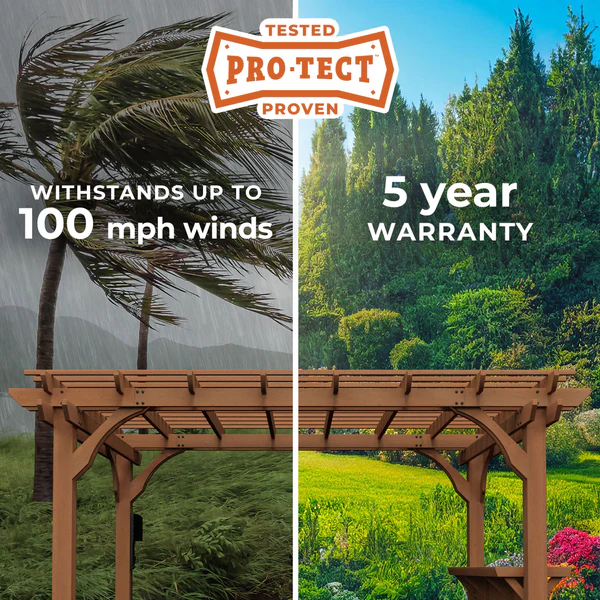 Our wooden pergolas are engineered with dual structural cross beams, robust posts and steel anchoring plates that enhance strength, durability and visual appeal. Have peace of mind knowing they are strong enough to withstand up to 100 mph winds when anchored as directed.