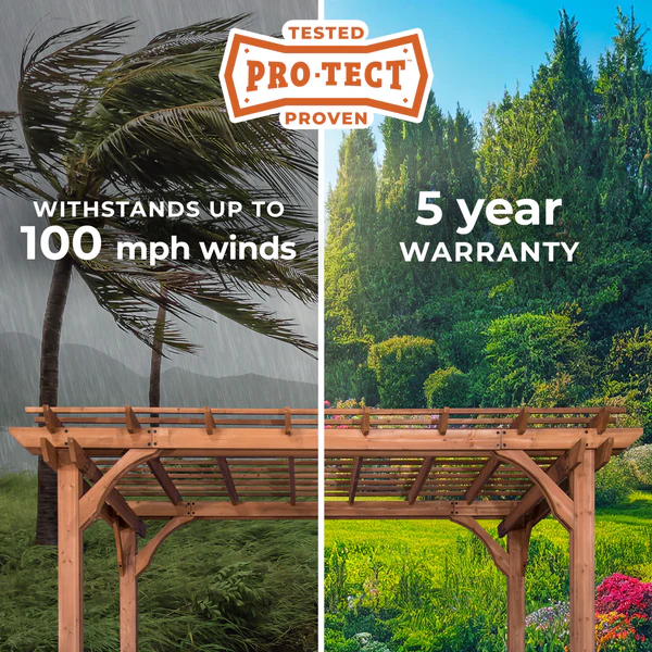 Our wooden pergolas are engineered with dual structural cross beams, robust posts and steel anchoring plates that enhance strength, durability and visual appeal. Have peace of mind knowing they are strong enough to withstand up to 100 mph winds when anchored as directed.